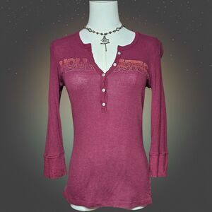 Hollister Vintage Y2K Logo Spellout Thermal Henley Top Women M Berry 3/4 Sleeve